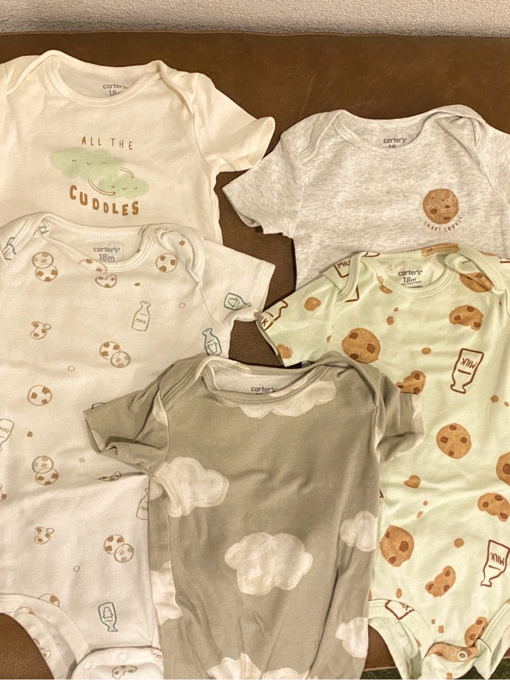 NWOT Carter's Neutral Print Onesie Set (5) - milk & cookies, clouds